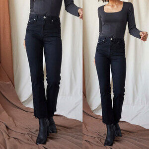 AMO Bella Raw Hem Slight Flare Jeans Black Oak Size 27 Made in USA Premium Denim